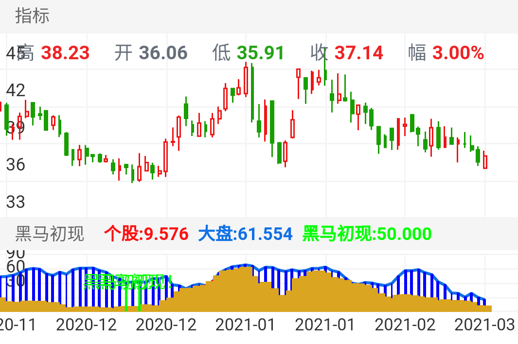 出现绿色柱状线为黑马出现信号，后势上涨概率较大。红色线为个股趋势，蓝色线为大盘趋势，红色线上传蓝色线为买入信号。准确率在75%左右。